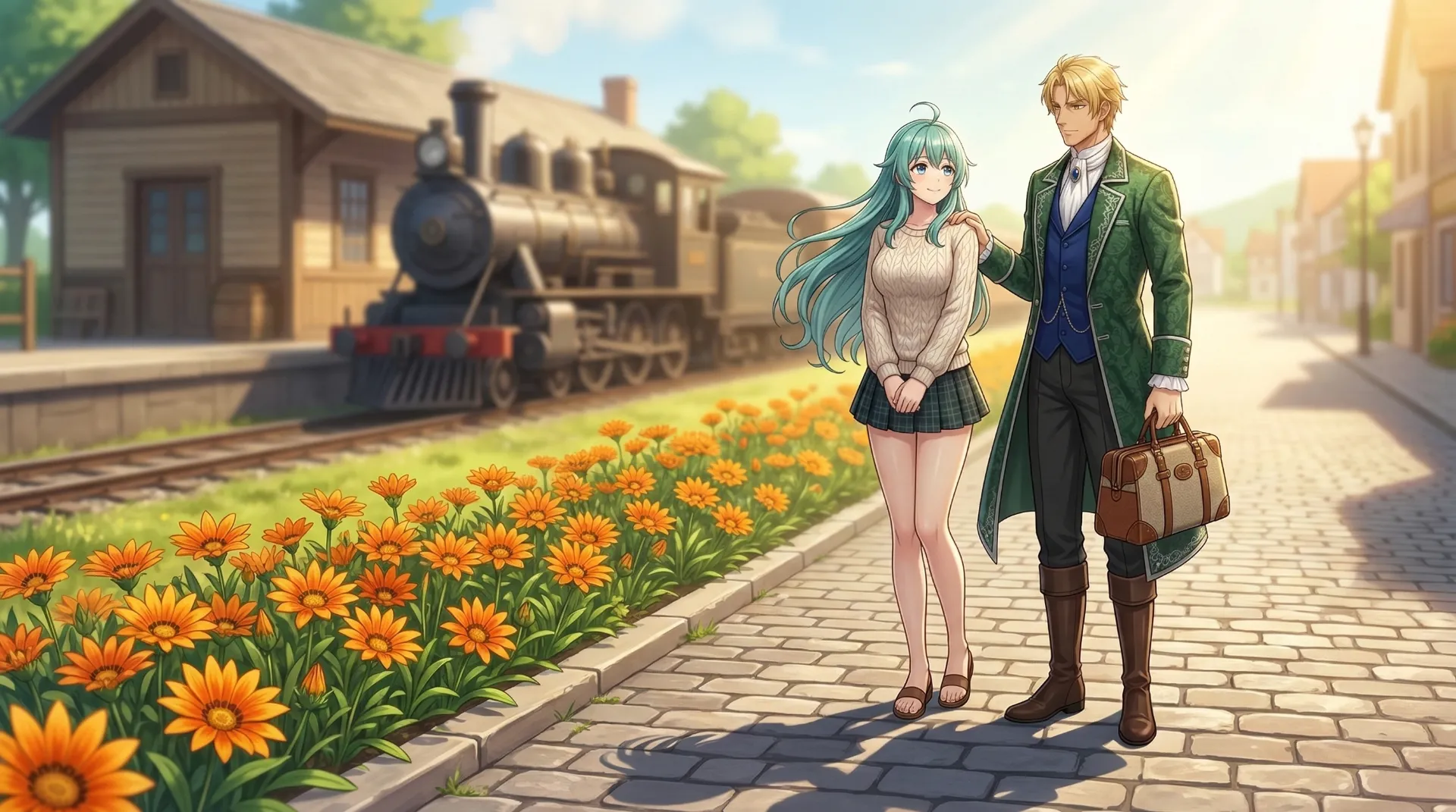 蒸気機関車のある駅前の通りで、花壇の横をラムリーザとソニアが並んで歩く