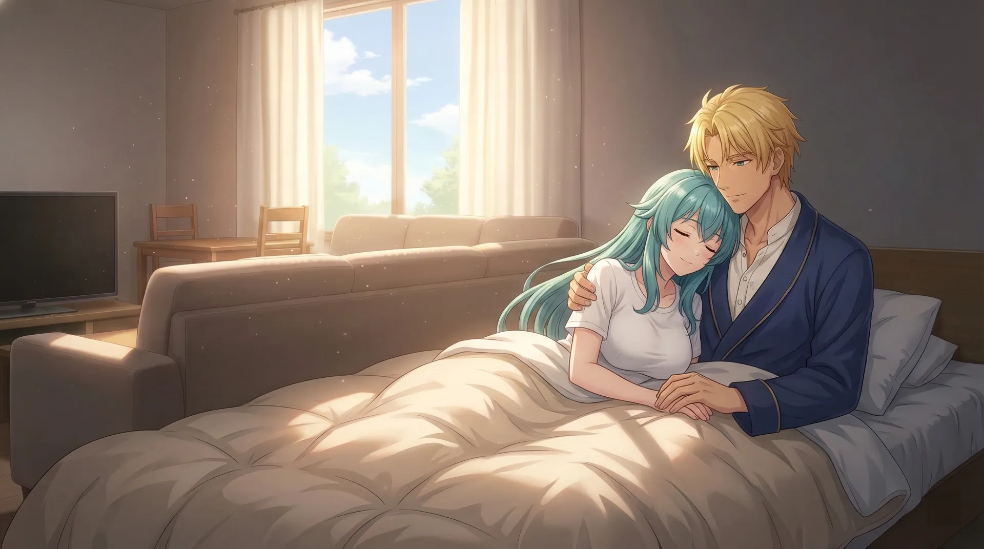 ベッドの上で眠るソニアを、ラムリーザが優しく抱き寄せている