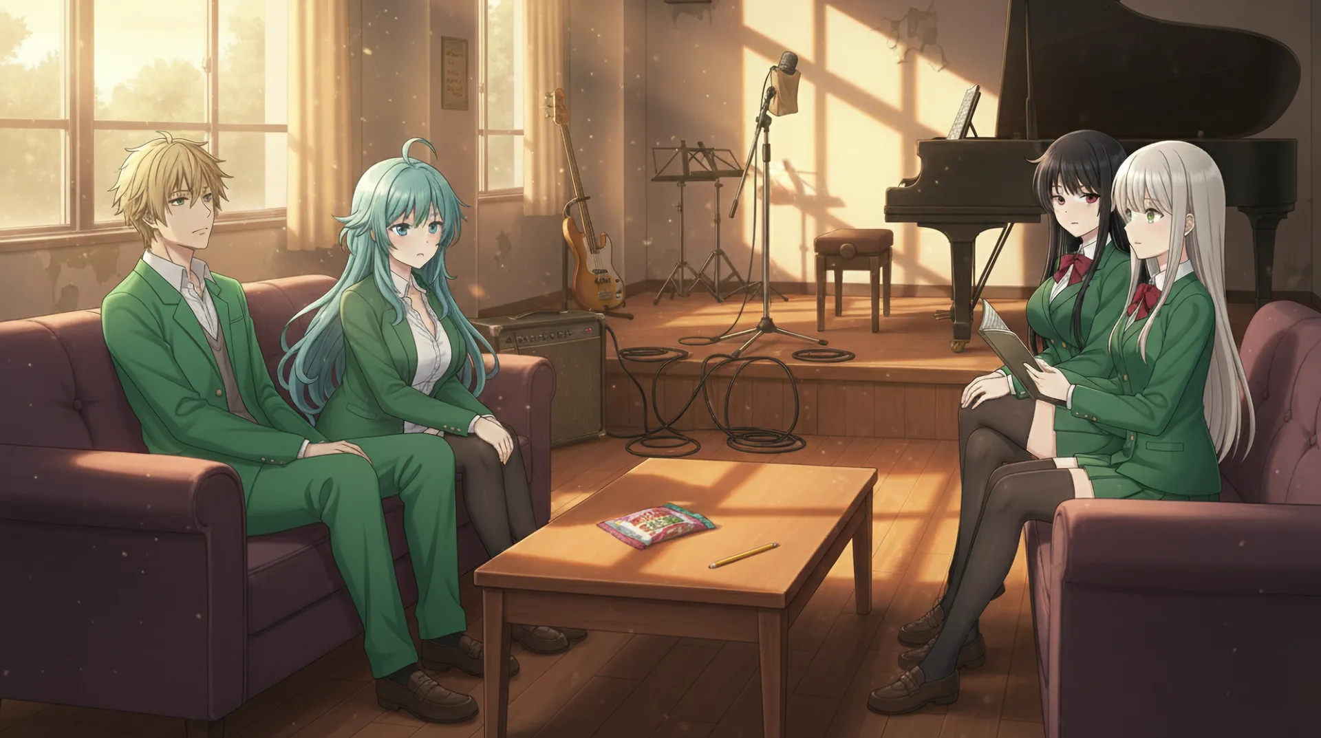軽音楽部の部室で、ソファに向かい合って座ったラムリーザ、ソニア、リリス、ユコが話をしている