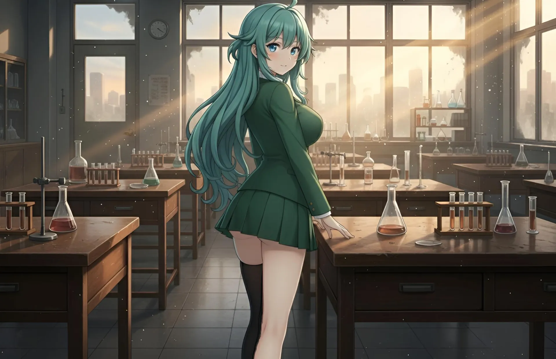 ソニアが右足のサイハイソックスを太ももの半ばからふくらはぎの半ばまでずり落とす場面