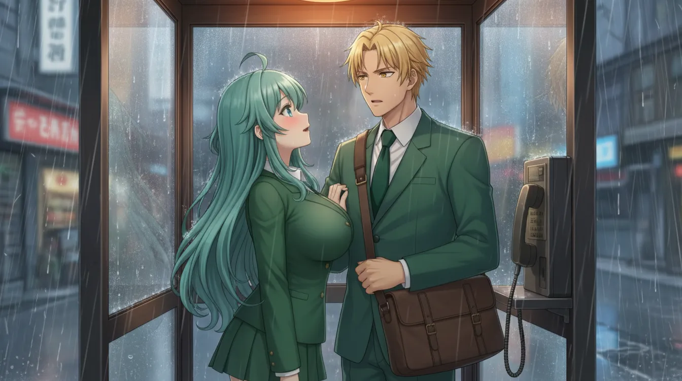 電話ボックスの中で雨宿りをするラムリーザとソニア