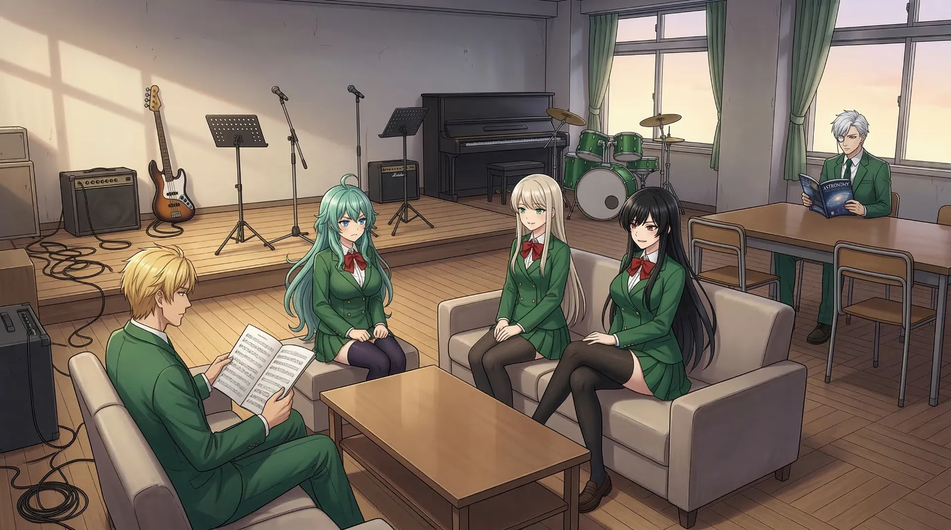 軽音楽部の部室で、雑談ばかりしている場面