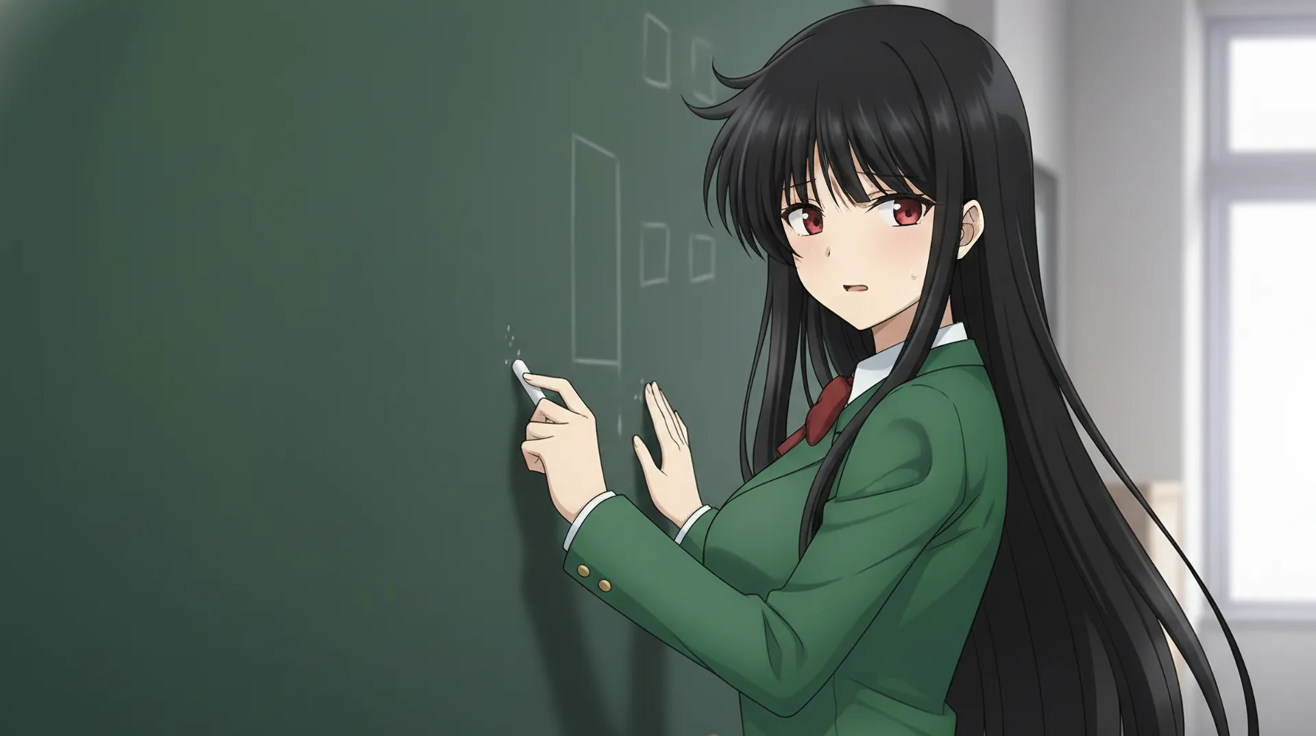 リリスが、問題が解けなくて黒板の前でうろたえる場面