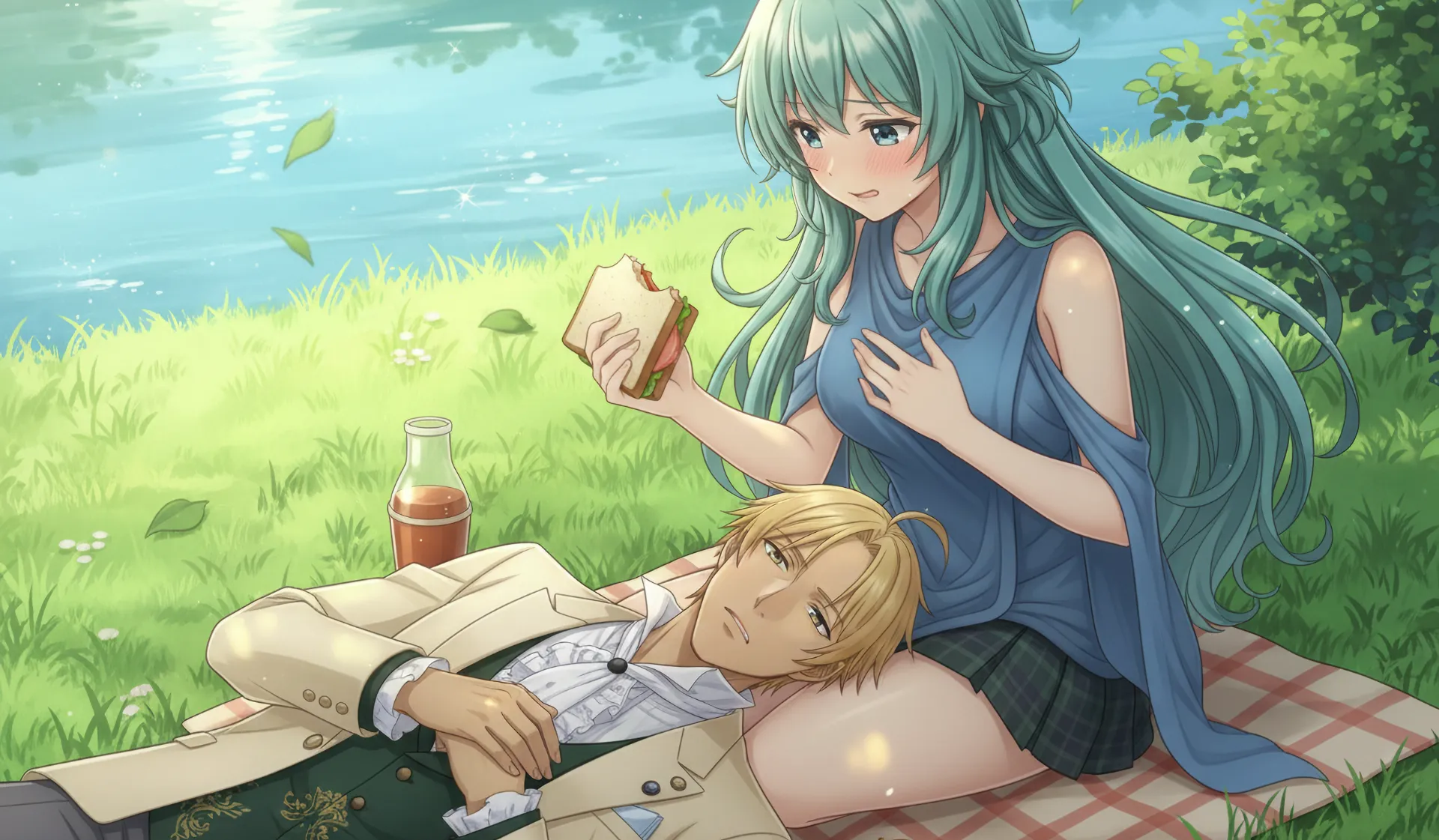 ラムリーザが口を開いたところへ、ソニアがサンドイッチを突っ込んだ場面