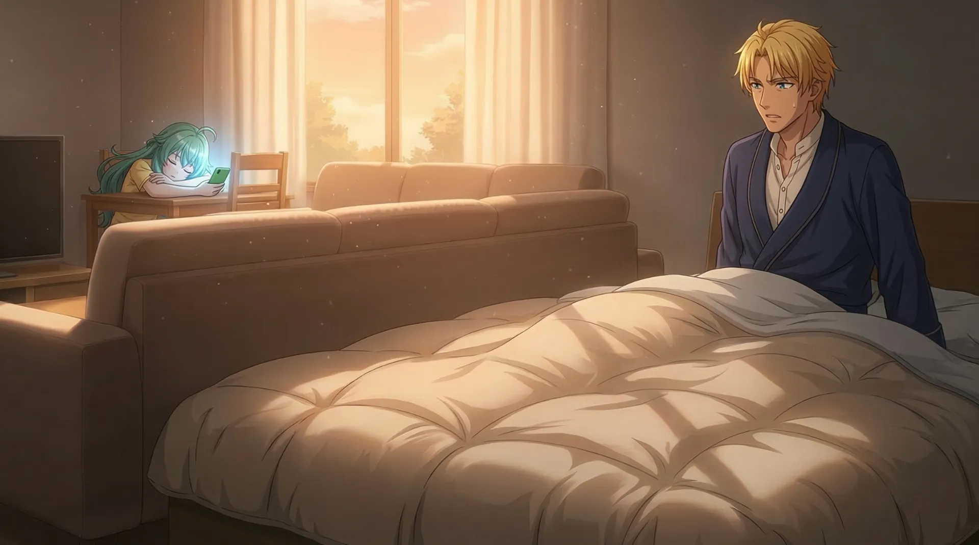 ソニアがネットゲームに夢中になり、テーブルで寝落ちしている場面