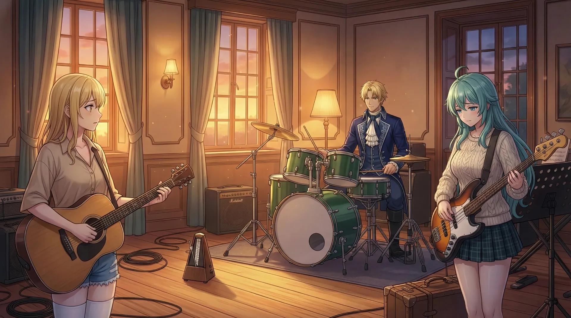 夕暮れの部屋でラムリーザがドラムを叩き、妹ソフィリータのギターと幼馴染ソニアのベースで練習する場面