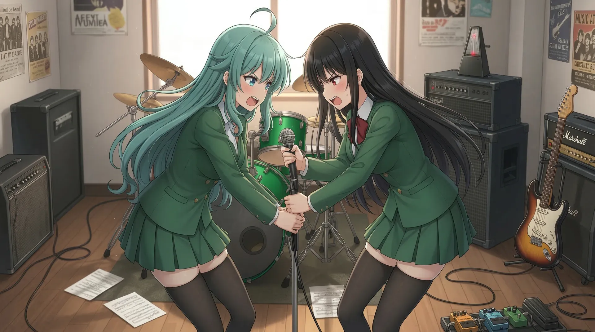 軽音楽部の部室で、ソニアとリリスがマイクを奪い合って喧嘩する場面