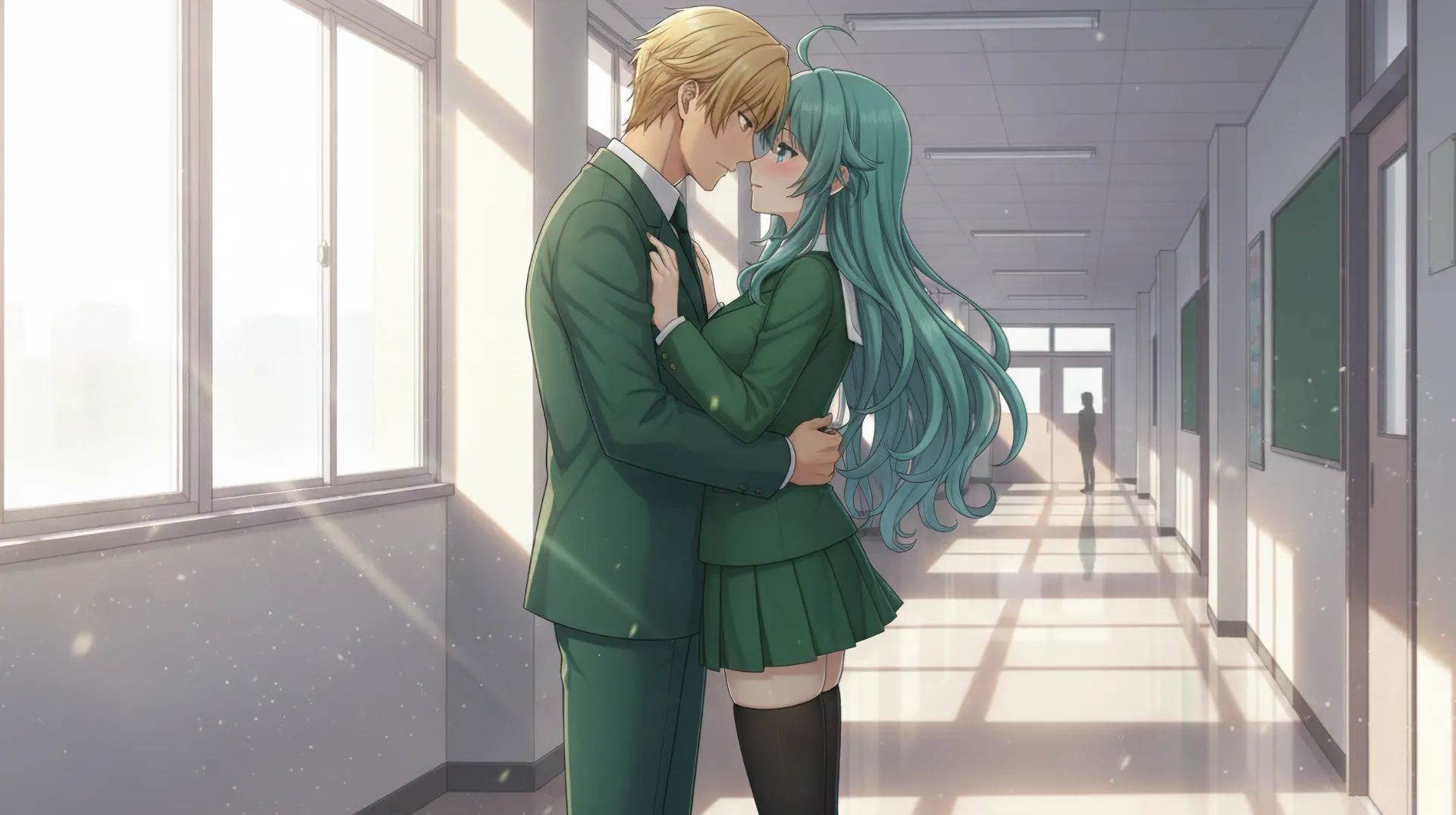 ラムリーザとソニアが、学校の廊下でいちゃいちゃする場面