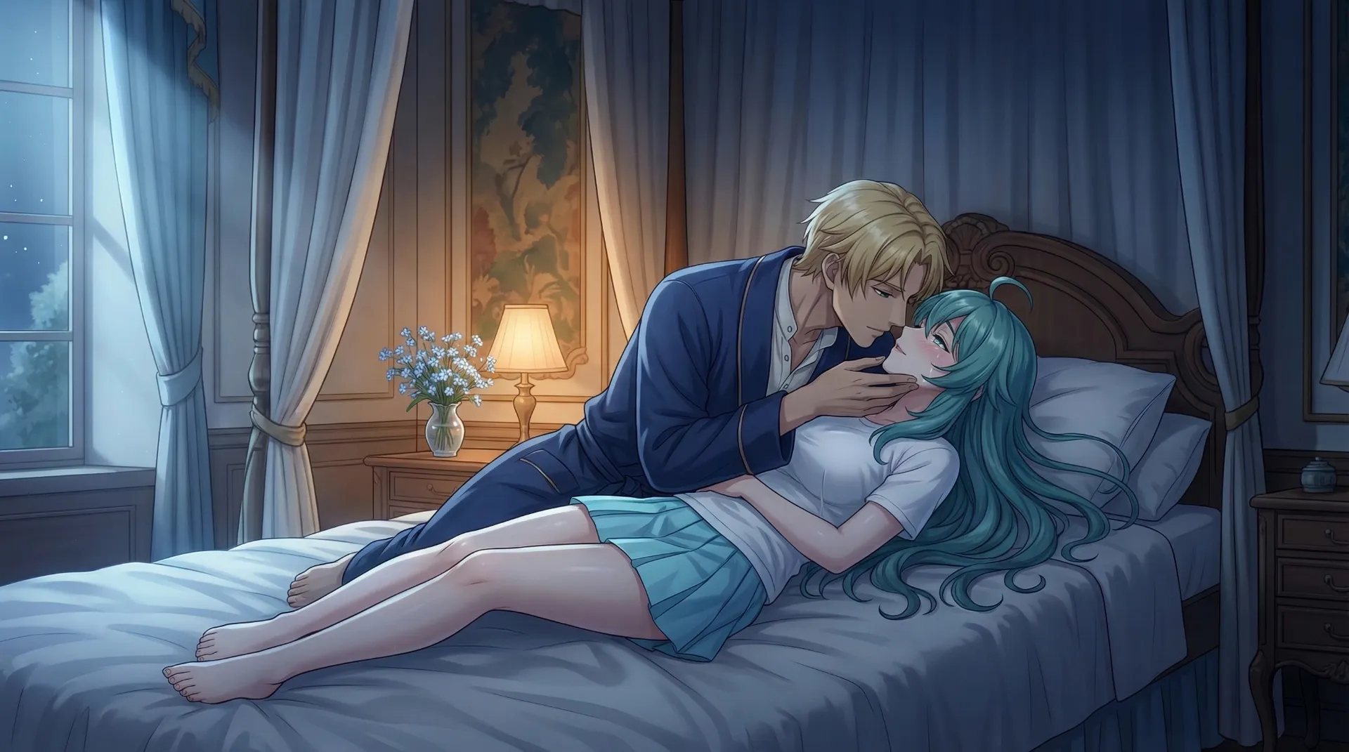 ラムリーザと幼馴染のソニアが、恋人同士になり初めてのキスをする場面