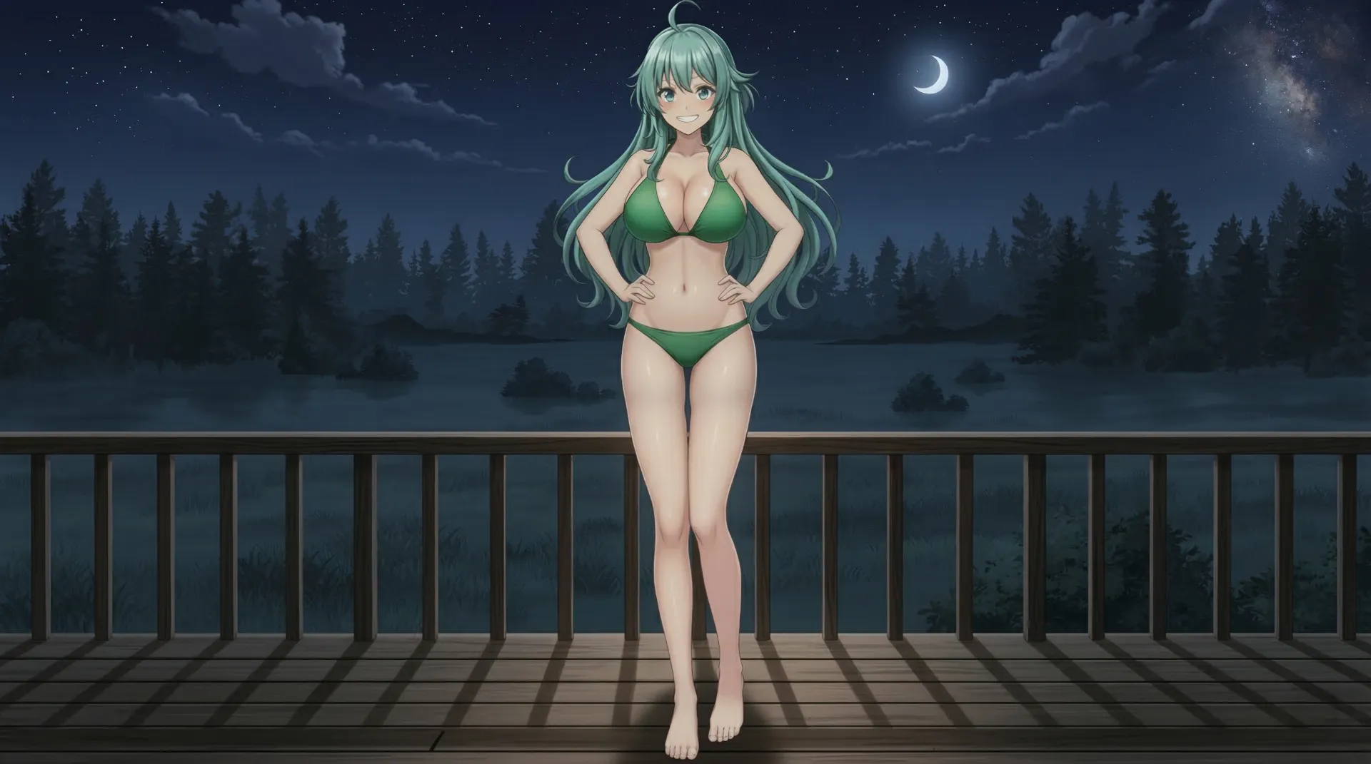 ソニアが水着を披露して、得意げな表情を見せる場面