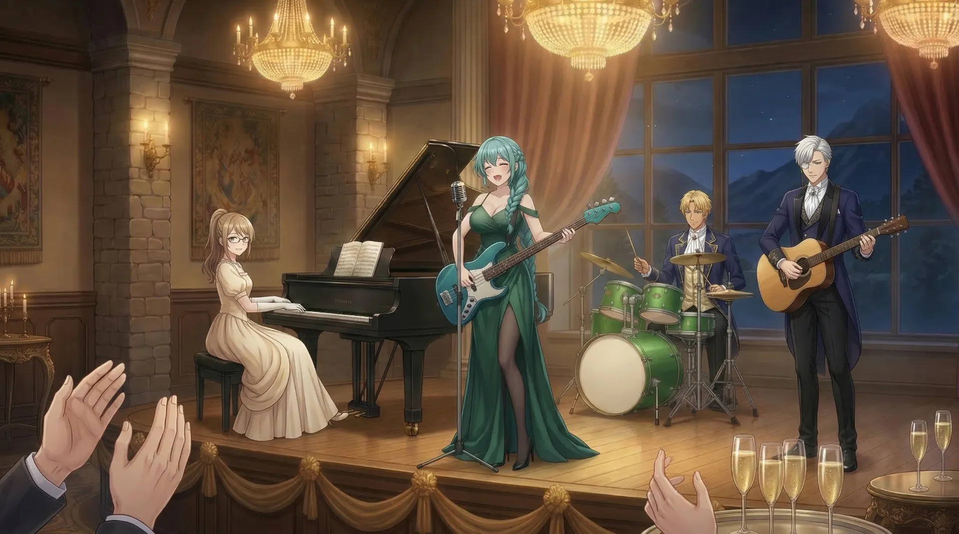 パーティー会場のステージで、ラムリーザとソニアとリゲルとロザリーンが演奏する場面