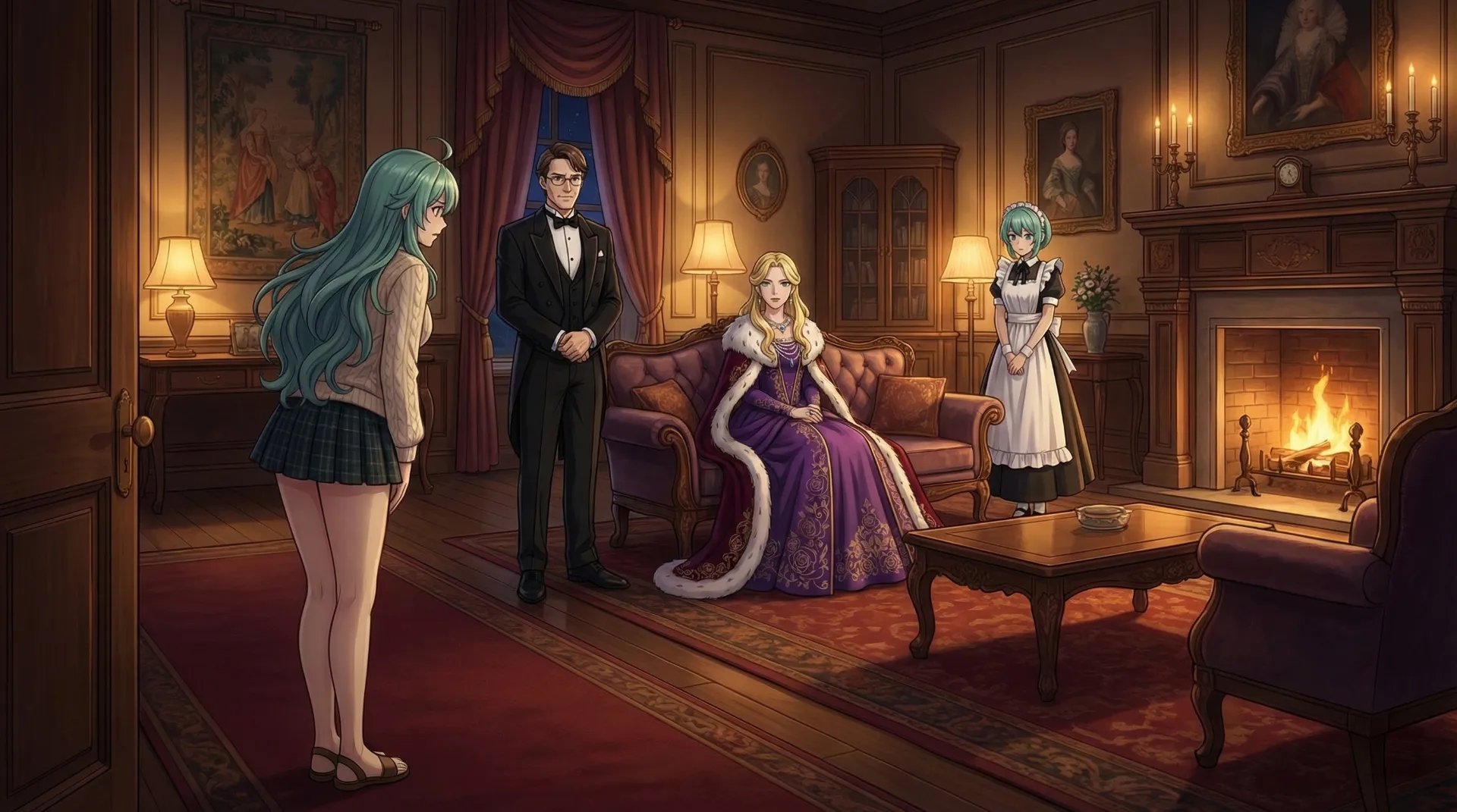 暖炉の灯る屋敷の応接室で、ラムリーザの母ソフィアに謁見するソニア。執事とメイドが見守る中での静かな面会。