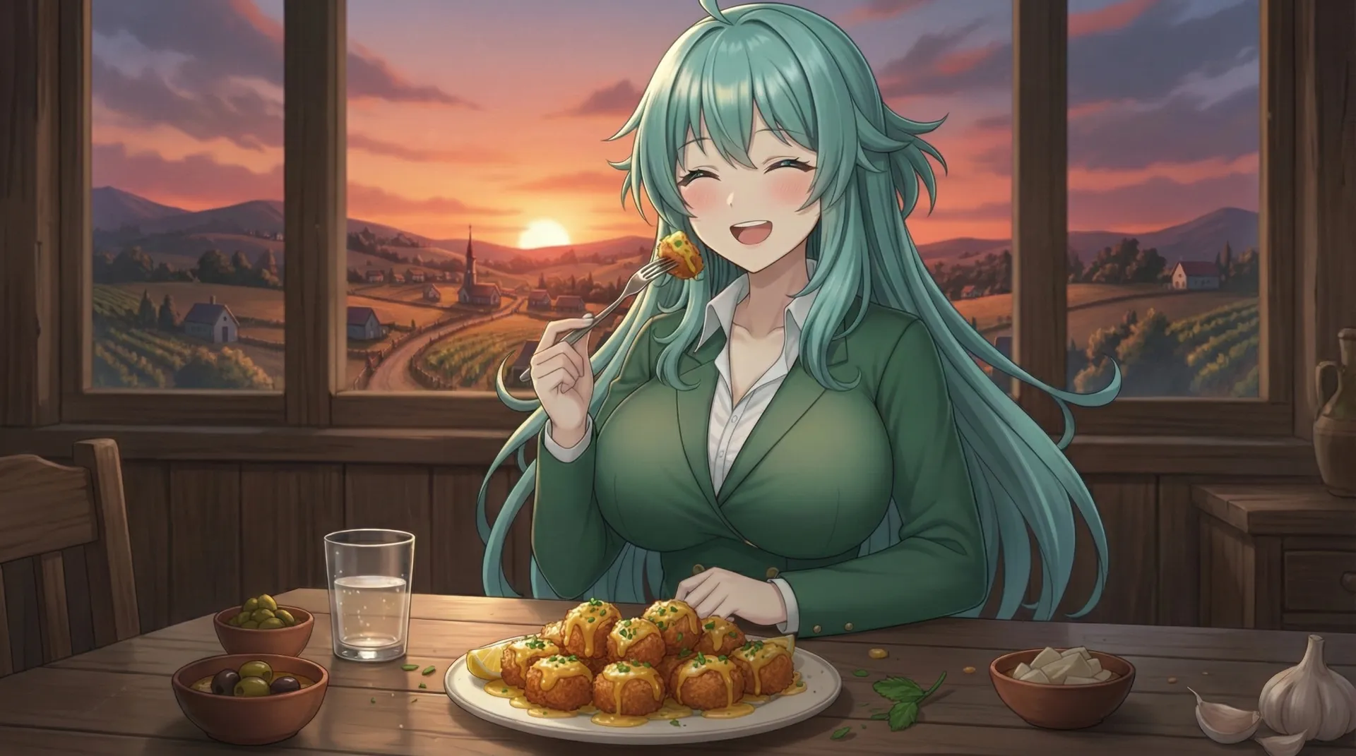 ソニアが、笑顔で幸せそうに料理（若鶏のルカリス式緑風フリット）を食べる場面