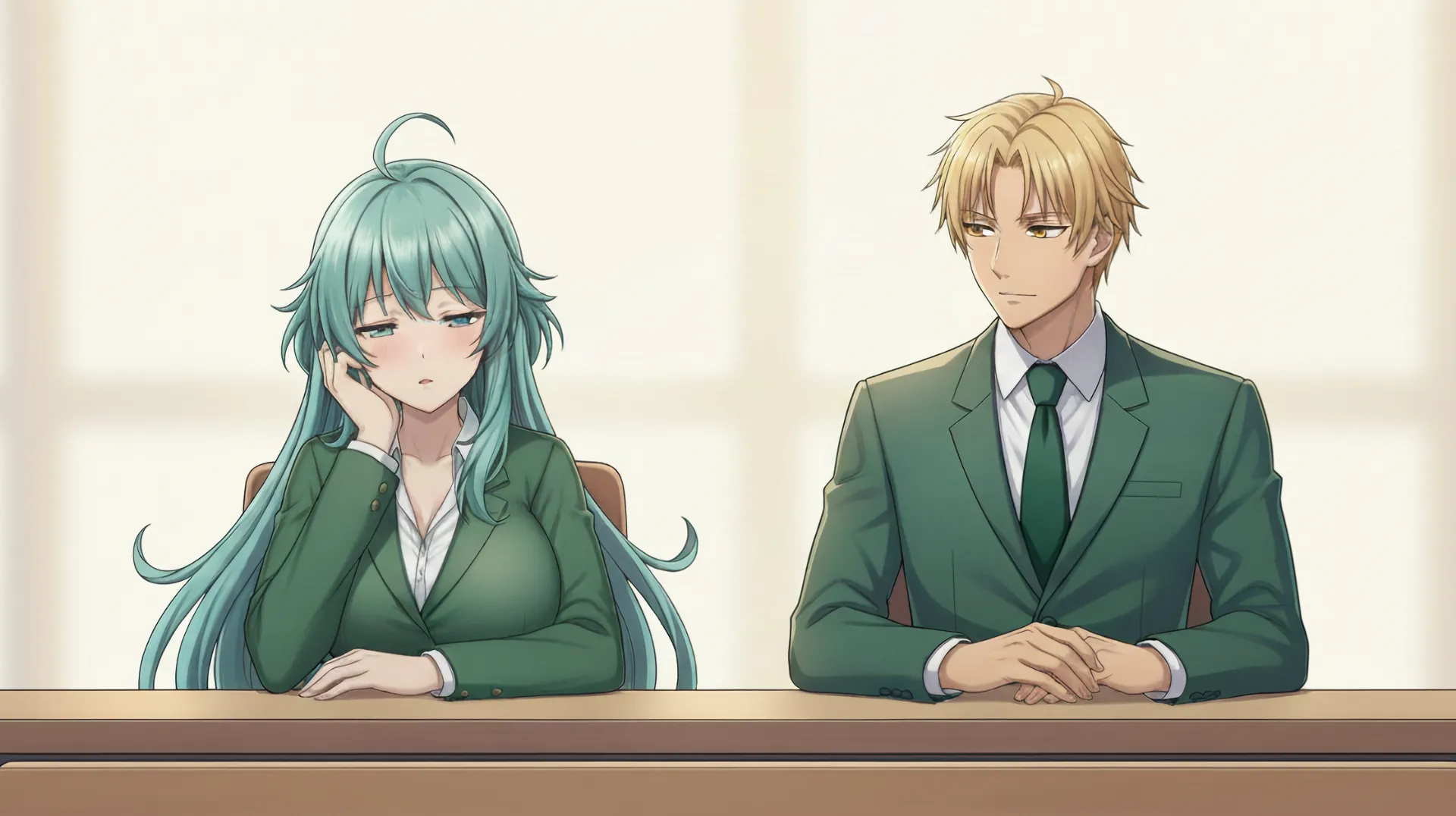 ラムリーザが、隣の席で大きな胸を机の上に乗せて、頬杖をついてぼんやりしているソニアを見つめる場面