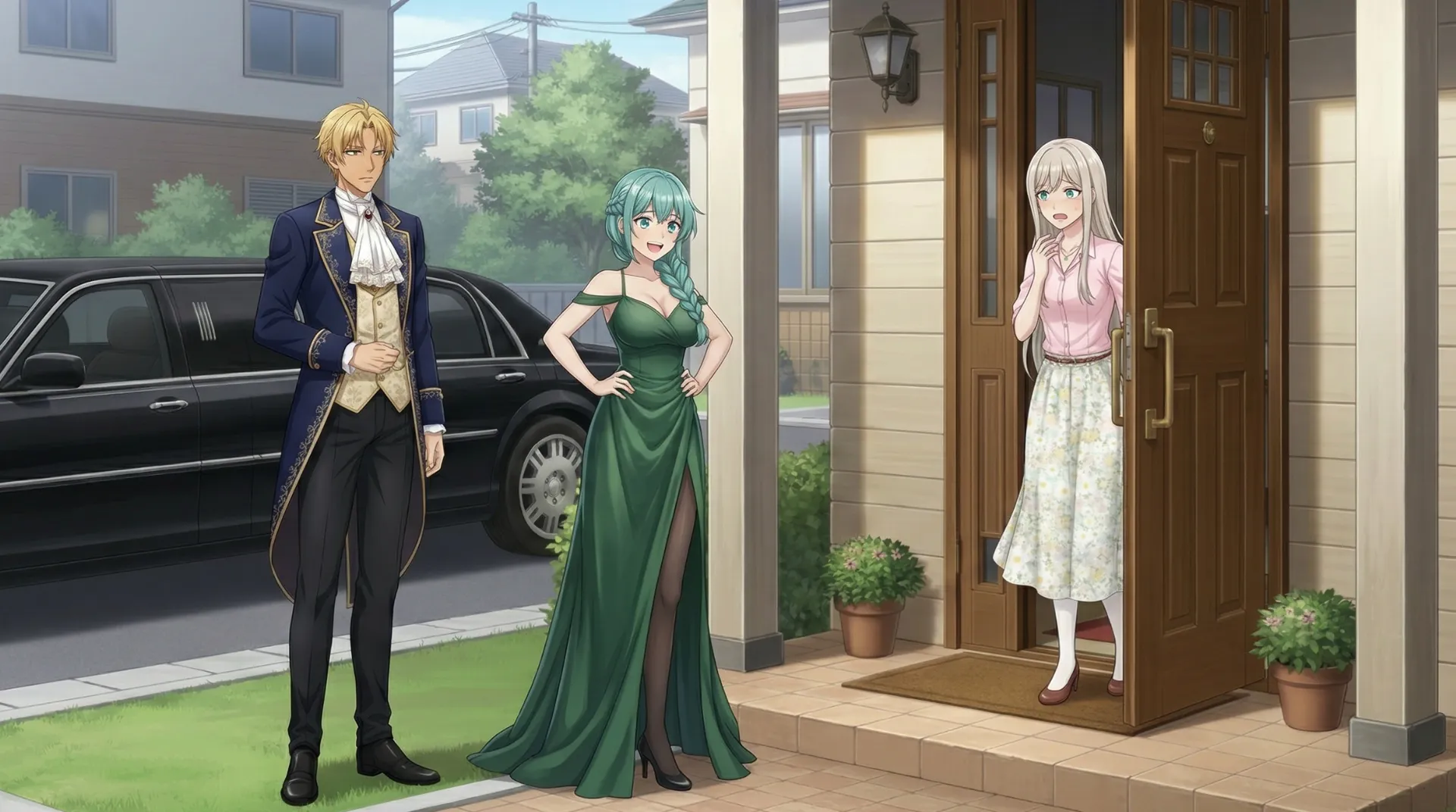 ラムリーザとソニアが、一般家庭の誕生日パーティーに着飾った姿で現れたので、ユコが困惑する場面