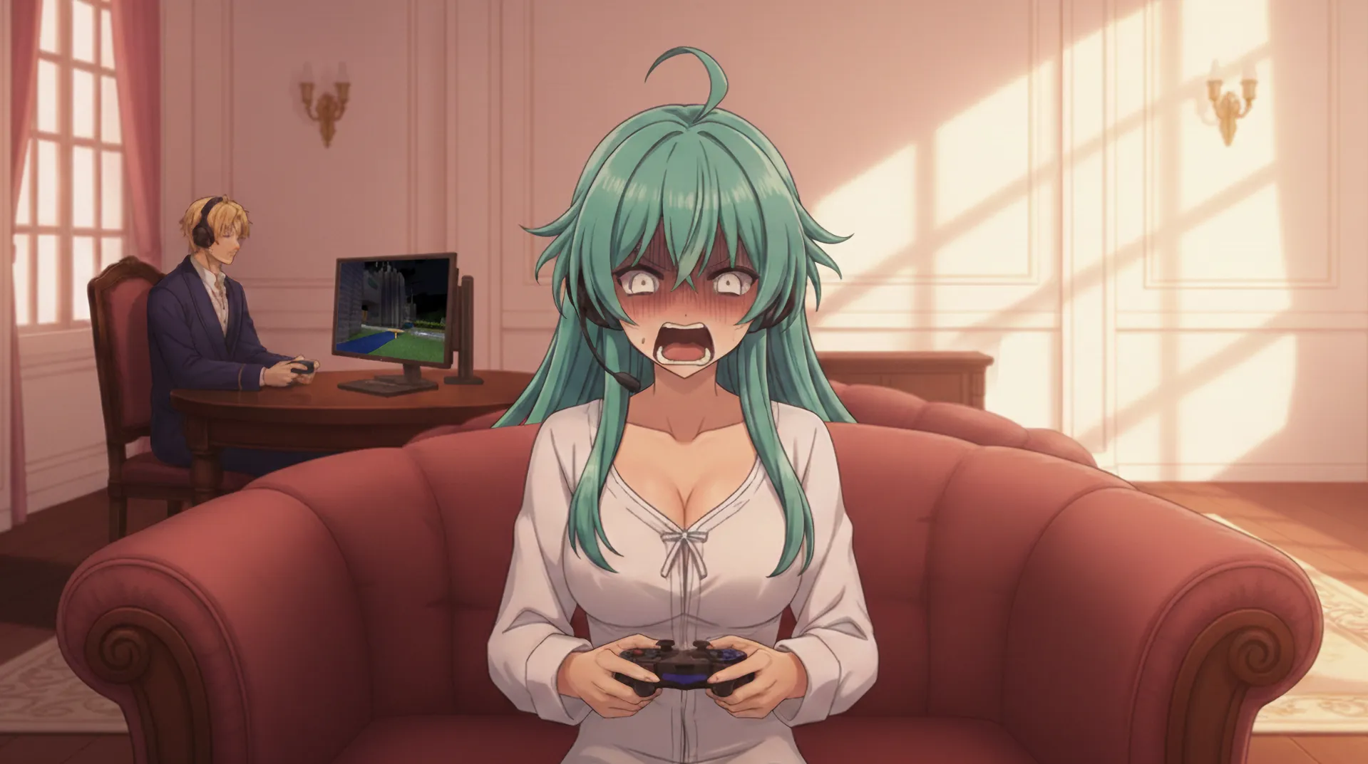 ソニアが、ゲームでゾンビにやられて悲鳴を上げる場面