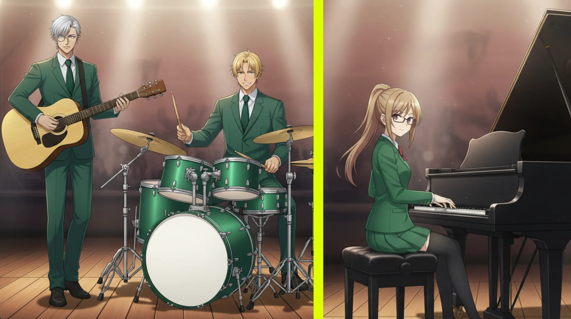 ラムリーザとリゲルとロザリーンが、ステージで演奏する場面。