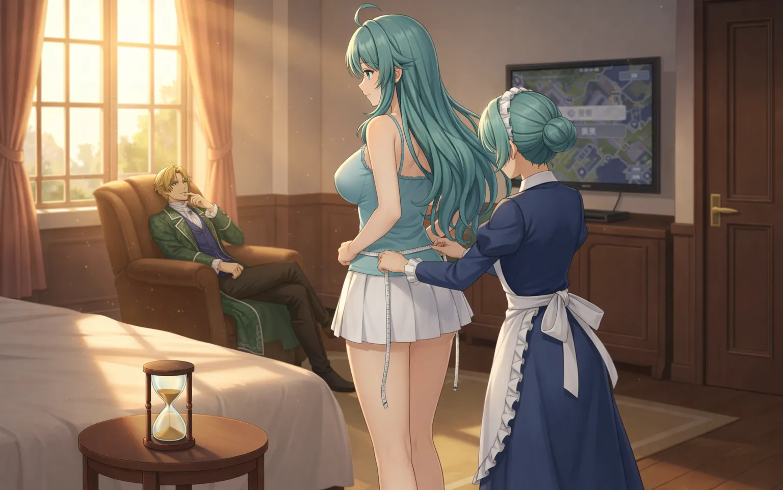 ソニアがパーティードレスを仕立てるために、身体のサイズを測定される場面