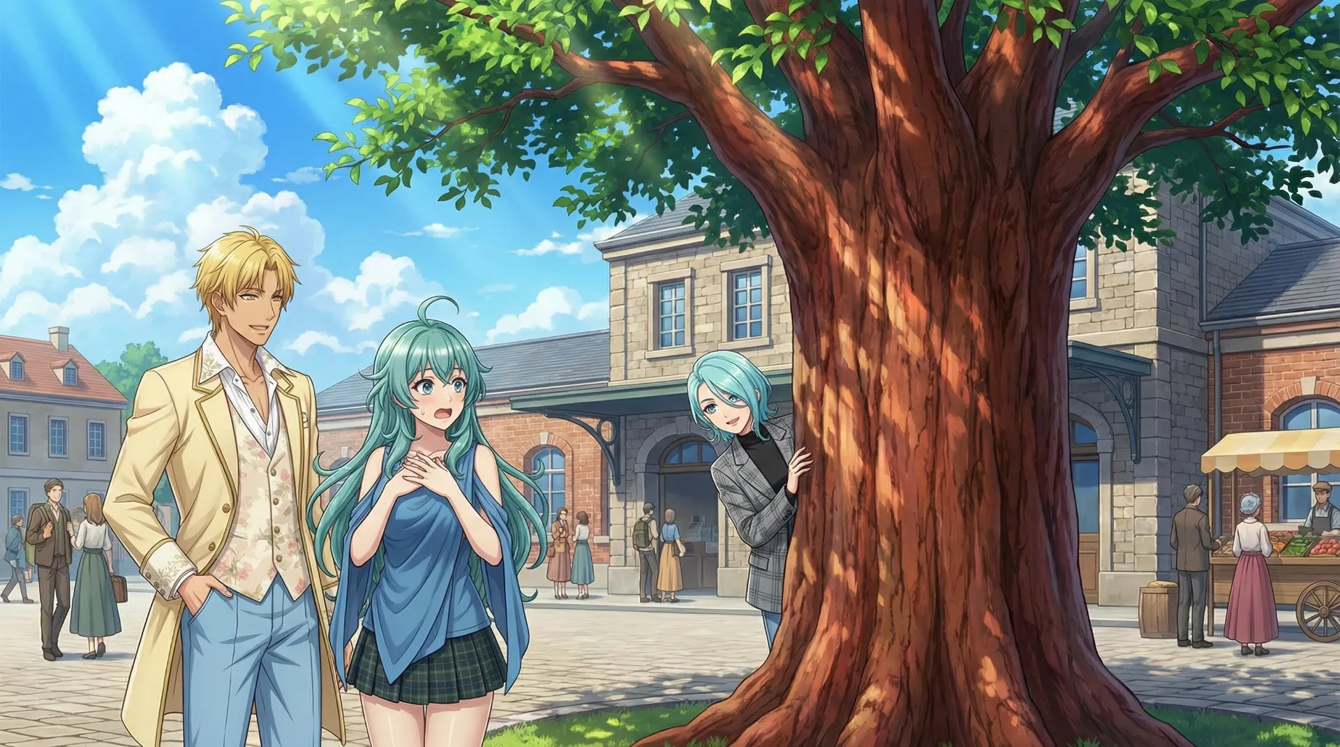 ラムリーザとソニアが、帝都の駅前でメルティアに遭遇する場面