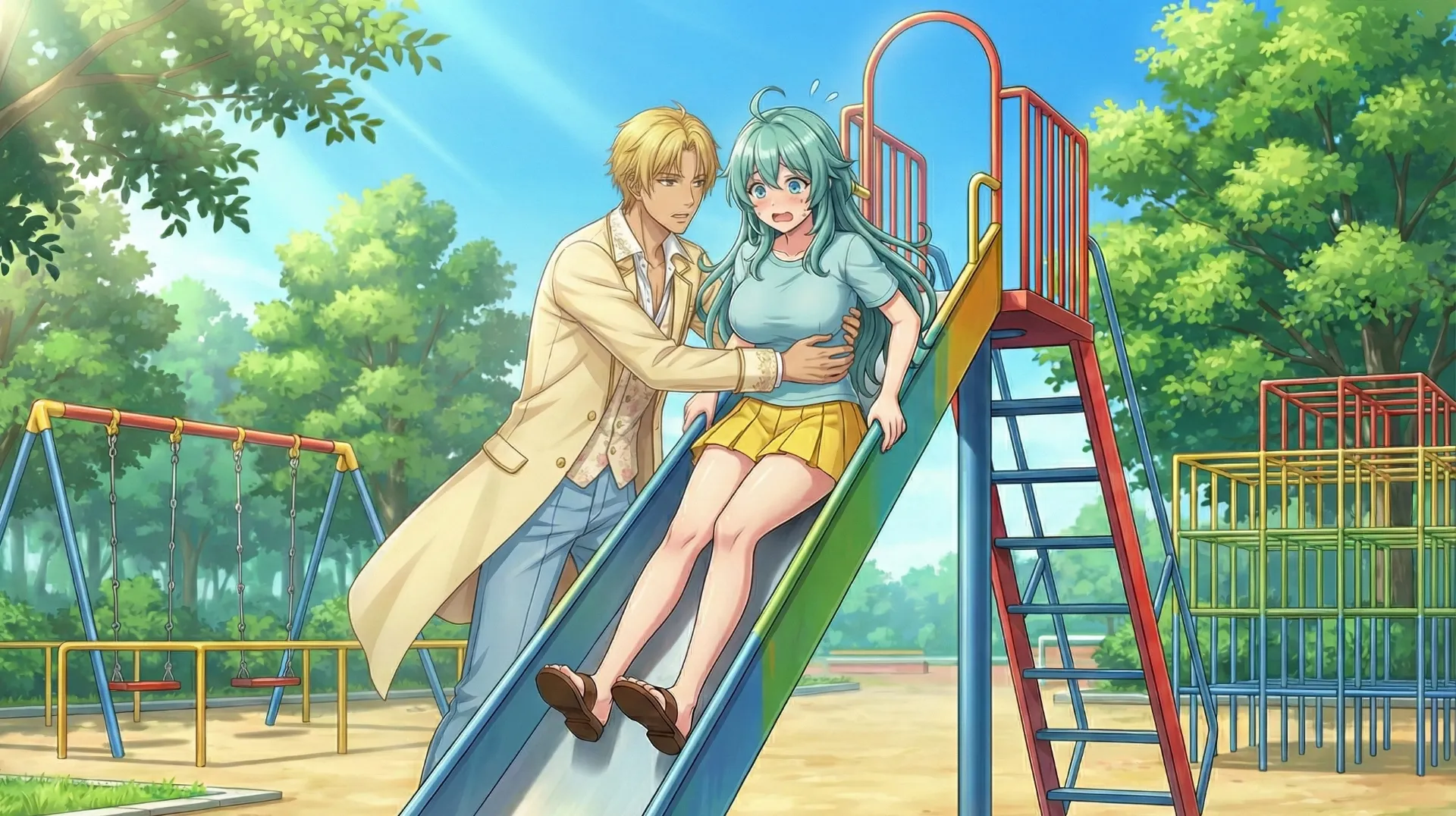 ソニアが滑り台に尻が挟まって動けなくなった場面