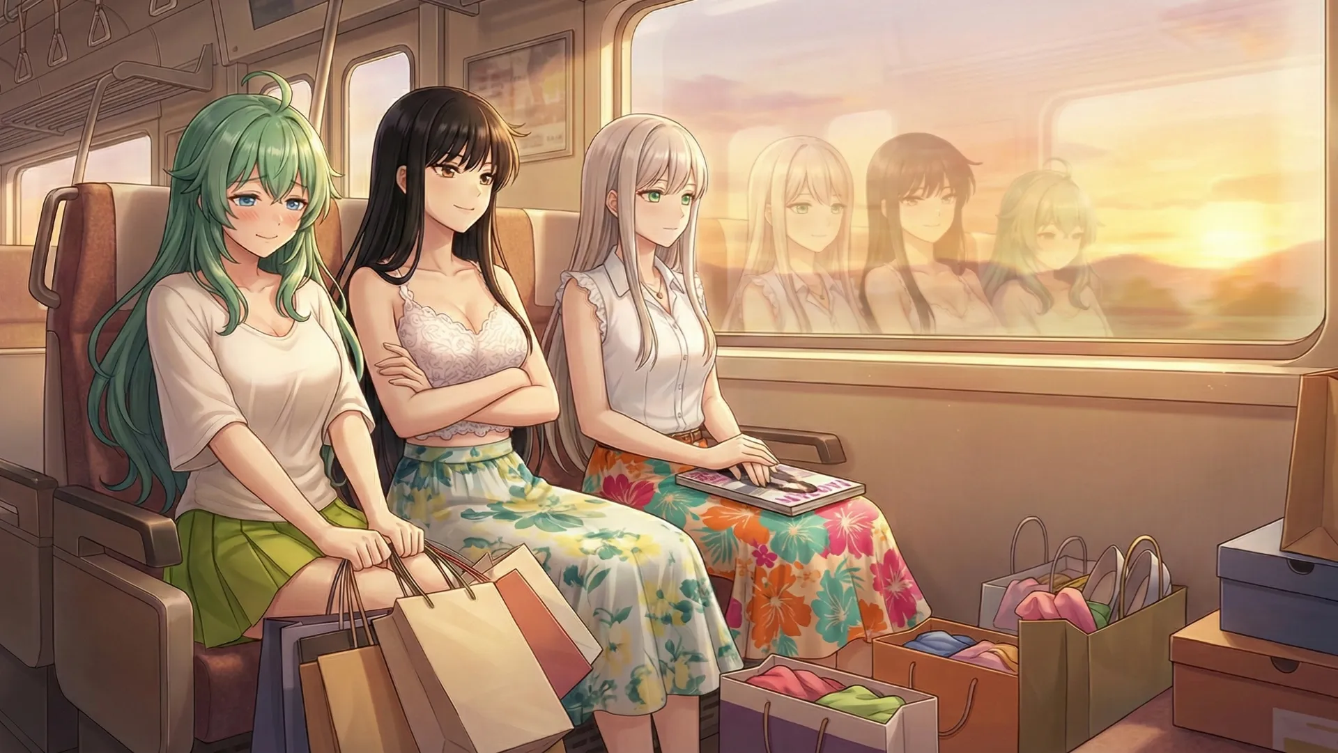 汽車の中で、ソニアの周りが新しい靴や服の入った袋でいっぱいになった場面