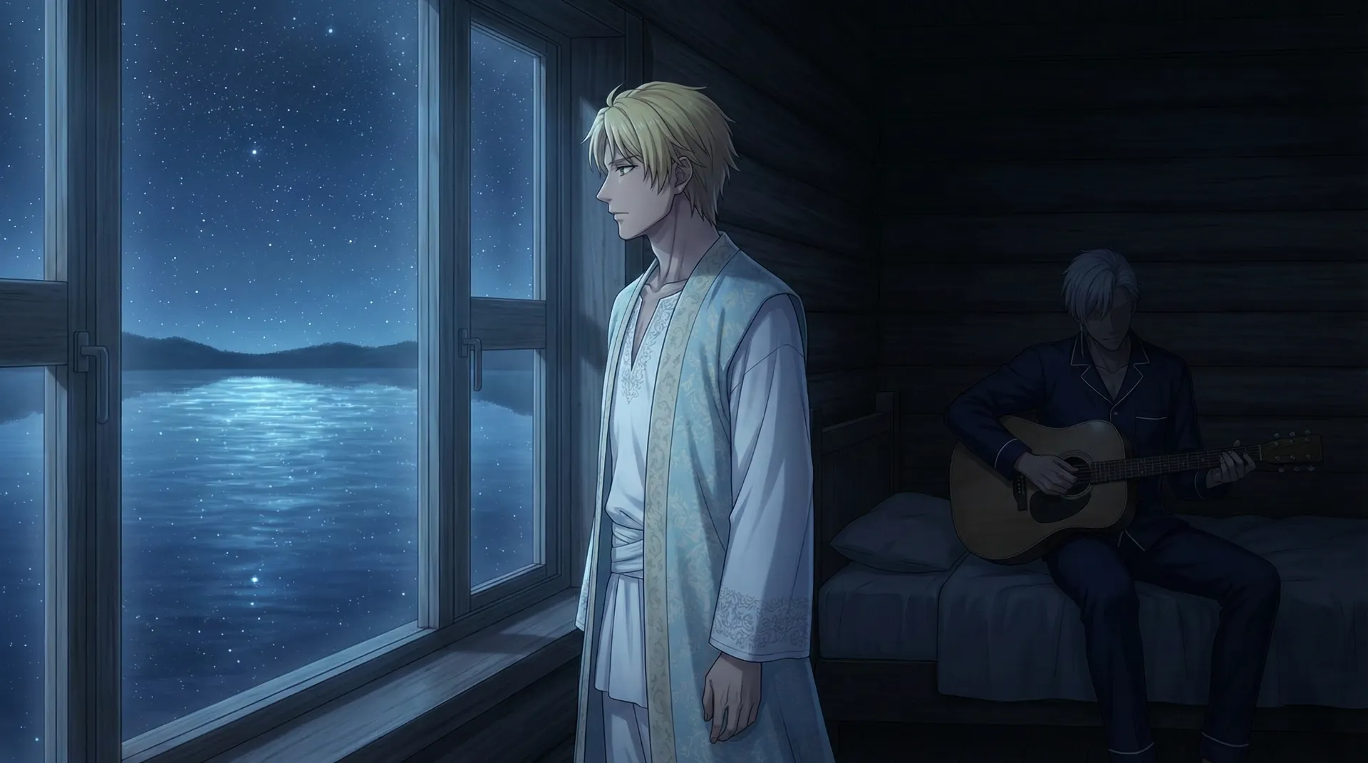 ラムリーザが、コテージの窓からクリスタルレイクを眺める場面