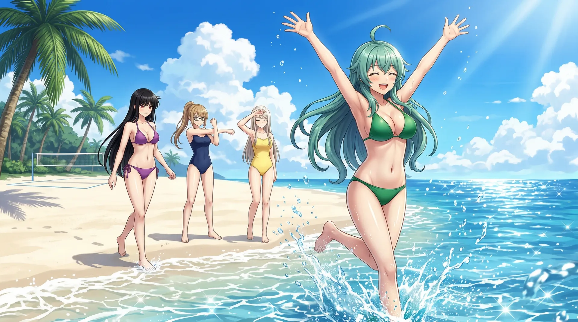 ソニアが海に向かって駆け出し、リリスとユコとロザリーンがそれに続く場面