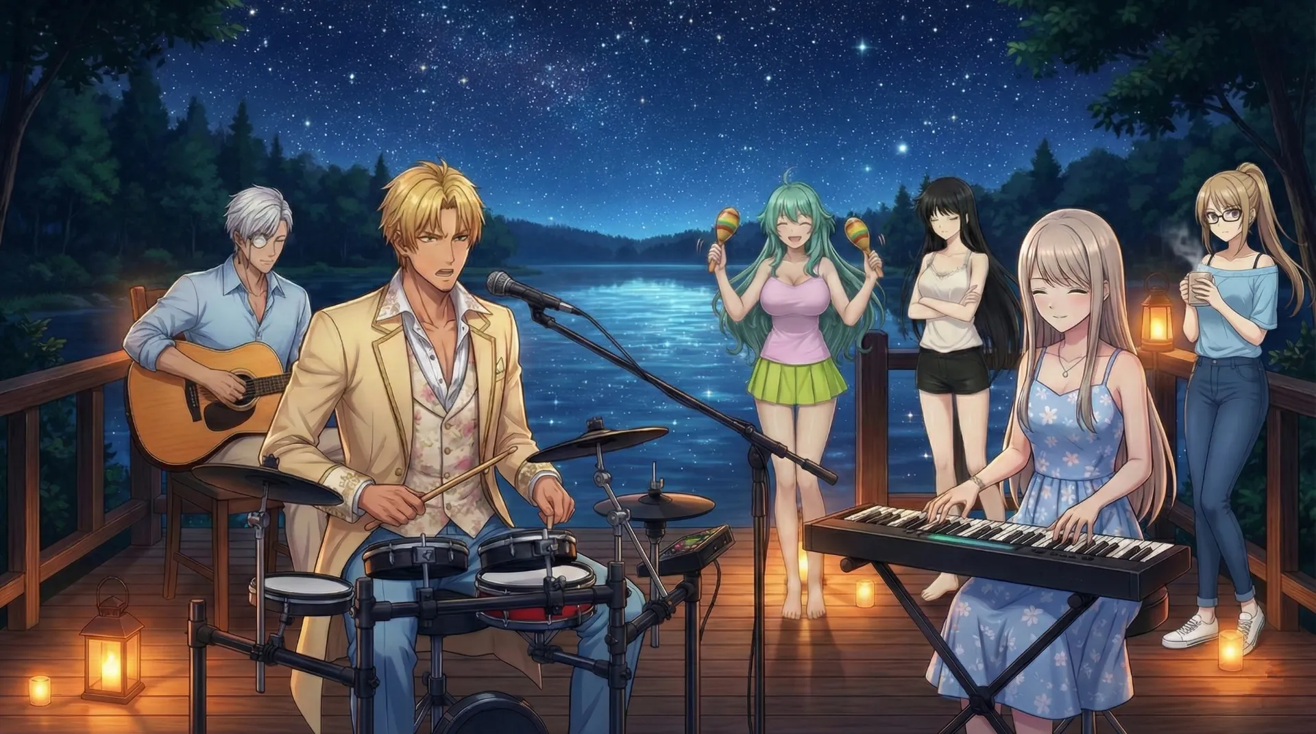 キャンプの夜、星空の下でセッションをする場面