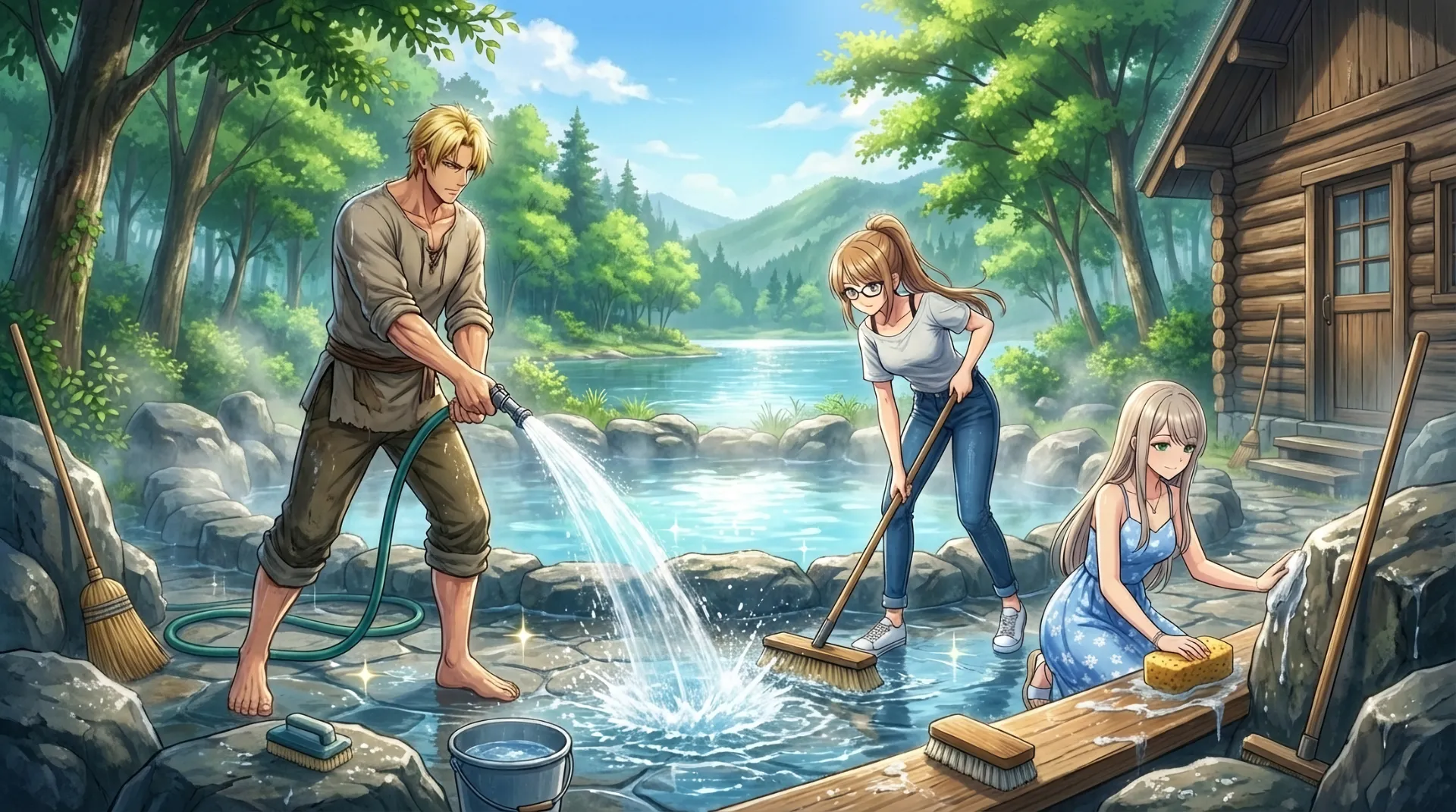 ラムリーザとロザリーンとユコが、露天風呂の掃除をする場面