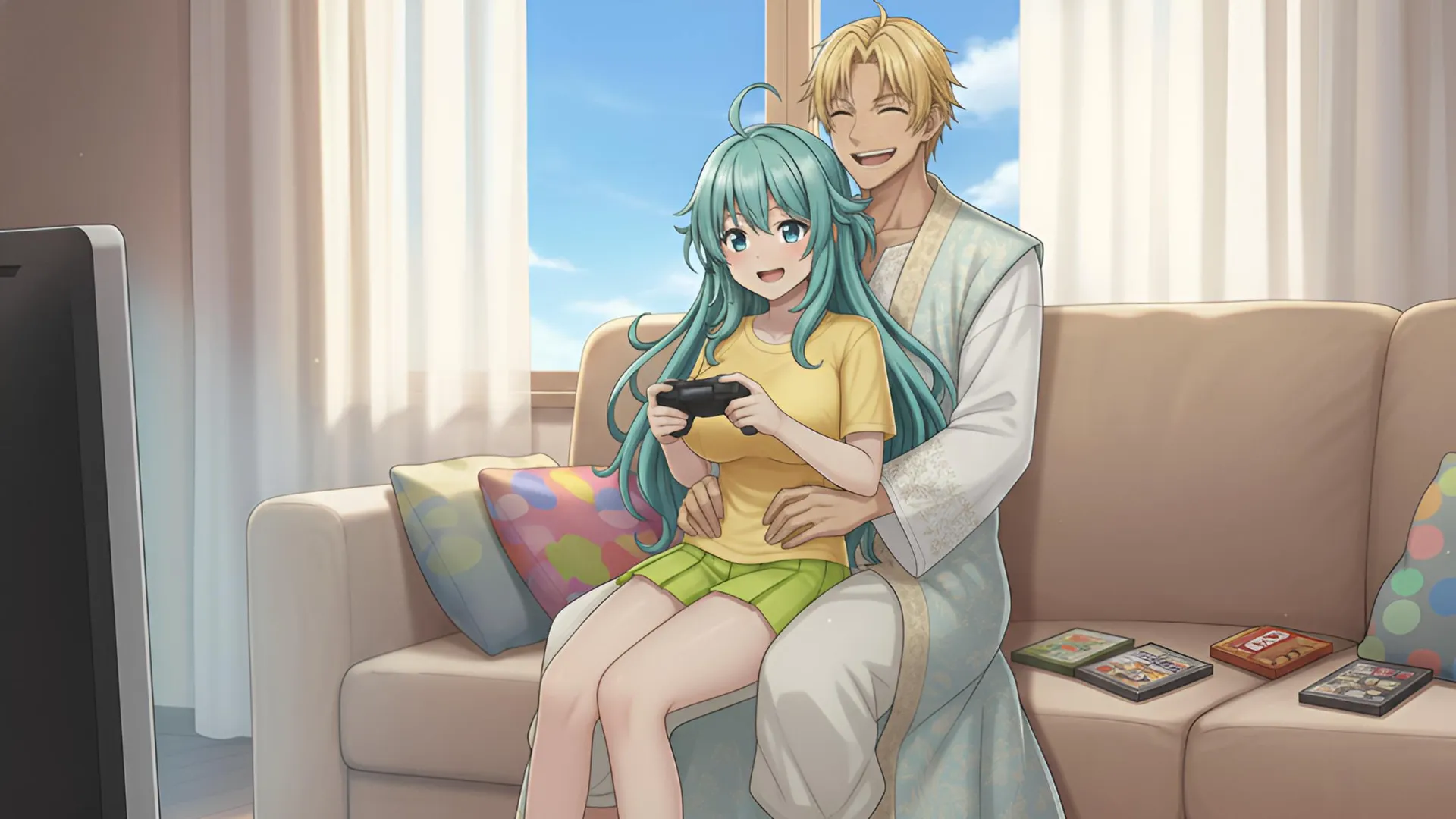 ラムリーザが、ゲームをするソニアの脇の下をくすぐる場面